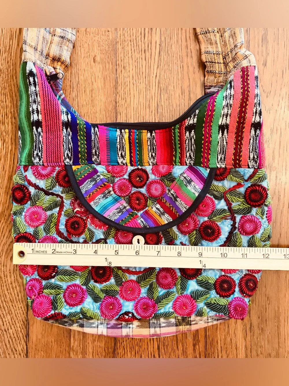 Vintage Guatemala Huipil Boho Shoulder Bag Raised Floral Embroidered Hippie